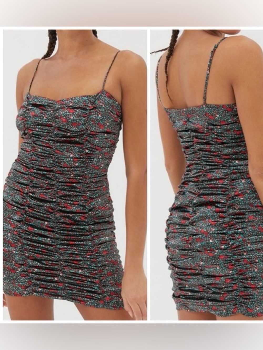 Urban Outfitters “Iris” Satin Rose Print Ruched Mini Dress Sz S